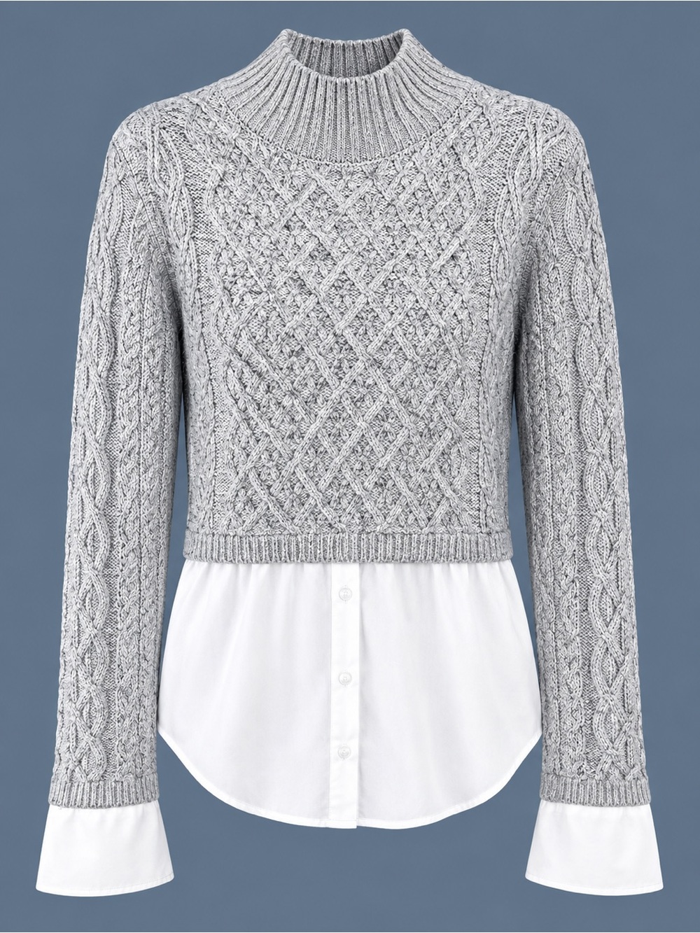 Maeve by Anthropologie, Gray Cable-Knit Mock Neck Sweater with White Shirt Hem